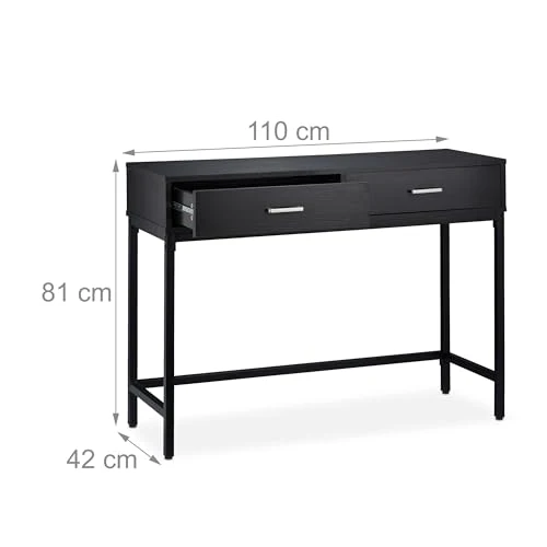 Relaxdays Table Console, Meuble d’appoint 2 tiroirs, HLP 81 x 110 x 42 cm, étroit, Couloir & Salon, Gain de Place, Noir