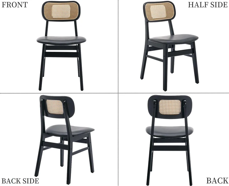 Wahson Lot de 4 Chaise de Salle à Manger en Rotin et Chaise Bois, Chaise Salle à Manger Bois Rétro avec Coussin Imperméable, Chaise de Cuisine Confortable pour Salle à Manger et Salon, Noir