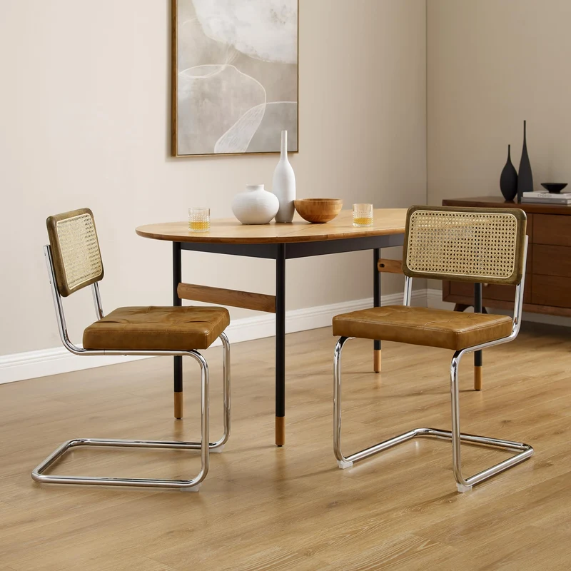 Zouron Chaises De Cuisine en Rotin Lot de 4, Chaises De Salle à Manger Modernes du Milieu du SièCle, Chaises De Cuisine sans Accoudoirs avec Dossier en Rotin Tressé, Pieds en MéTal, Marron