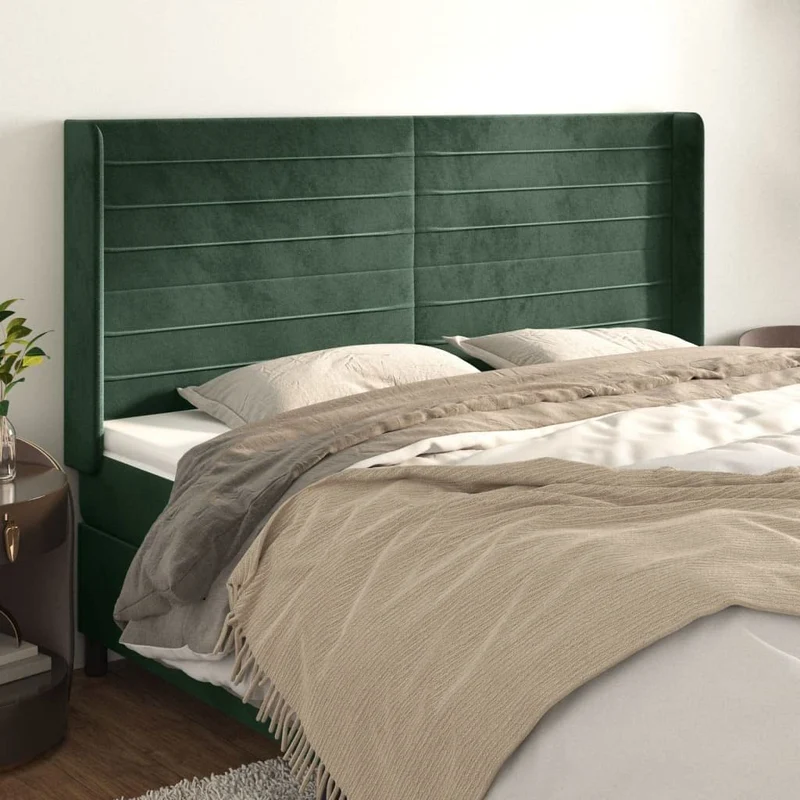 vidaXL Tête de Lit avec Oreilles Meuble de Chambre à Coucher Accessoire de Lit Double Tête de Cadre de Lit Vert Foncé 203x16x118/128 cm Velours