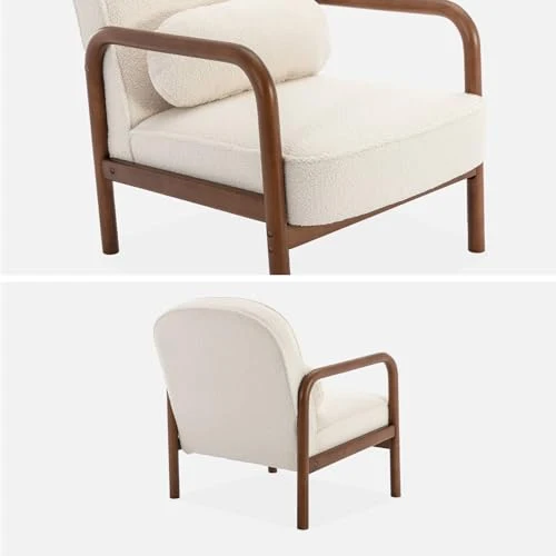 sweeek - Fauteuil scandinave Bois d'hévéa Finition Noyer Clair et Dossier Arrondi en Bouclette Blanche - Amelie