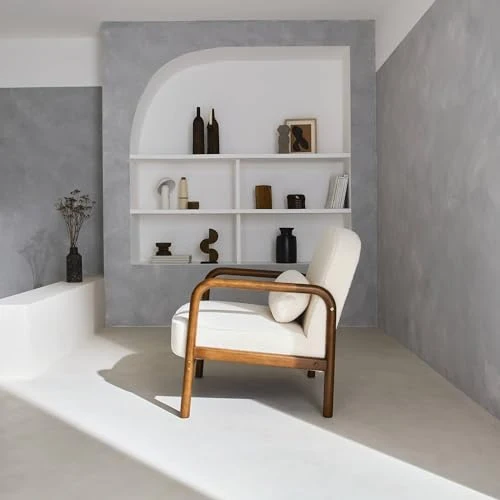 sweeek - Fauteuil scandinave Bois d'hévéa Finition Noyer Clair et Dossier Arrondi en Bouclette Blanche - Amelie