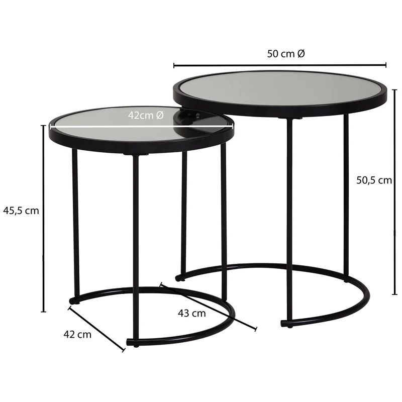 FineBuy Tables Gigognes Rond Ø 50/42 cm Deux Pièces Verre De Miroir Noir | Table De Salon Conception Moderne | Table De Salon avec Cadre en Métal | Table Fleurs Décoratif