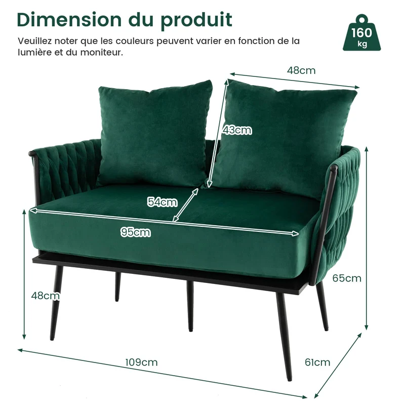 COSTWAY Canapé 2 Places en Velours Hollandais, Fauteuil de Salon pour 2 Personnes avec 2 Oreillers, Design Scandinave avec 5 Pieds Métalliques, Dossier et Accoudoirs Tissés, Charge 160KG (Vert)