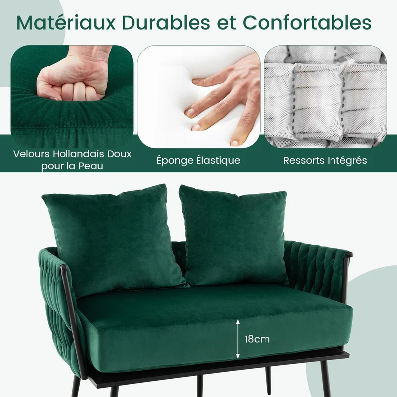 COSTWAY Canapé 2 Places en Velours Hollandais, Fauteuil de Salon pour 2 Personnes avec 2 Oreillers, Design Scandinave avec 5 Pieds Métalliques, Dossier et Accoudoirs Tissés, Charge 160KG (Vert)