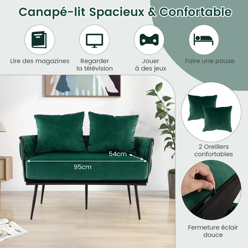 COSTWAY Canapé 2 Places en Velours Hollandais, Fauteuil de Salon pour 2 Personnes avec 2 Oreillers, Design Scandinave avec 5 Pieds Métalliques, Dossier et Accoudoirs Tissés, Charge 160KG (Vert)