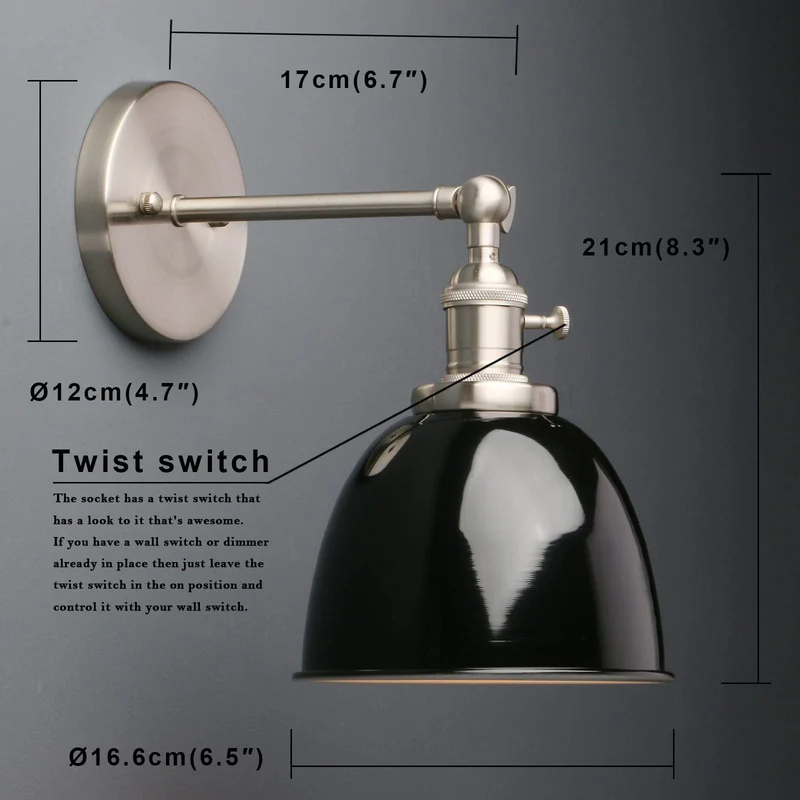 Phansthy Applique murale industrielle avec interrupteur marche-arrêt, applique murale rétro avec abat-jour en métal dôme, luminaires muraux intérieurs E27 pour cuisine et salon (noir)