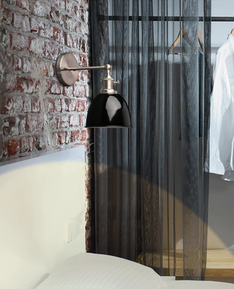 Phansthy Applique murale industrielle avec interrupteur marche-arrêt, applique murale rétro avec abat-jour en métal dôme, luminaires muraux intérieurs E27 pour cuisine et salon (noir)