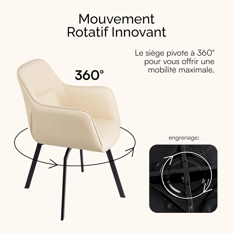 Baroni Home Fauteuil Moderne Pivotant avec Accoudoirs et Revêtement en Simili Cuir et Pieds en Acier Noir, Chaise Ergonomique de Salon, Chambre à Coucher, Chaise de Lecture, Beige, 55x85x47 cm