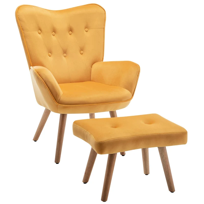 HollyHOME Fauteuil Chaise Scandinaves, Chaise Longue Relax en Velours avec Repose-Pieds, Fauteuil de Salon Chaise de Lecture pour Chambre à Coucher, Jaune
