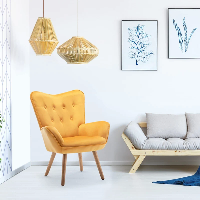 HollyHOME Fauteuil Chaise Scandinaves, Chaise Longue Relax en Velours avec Repose-Pieds, Fauteuil de Salon Chaise de Lecture pour Chambre à Coucher, Jaune