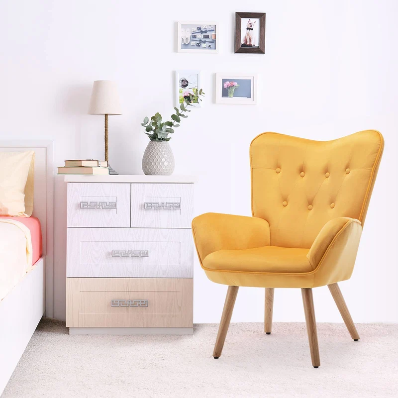 HollyHOME Fauteuil Chaise Scandinaves, Chaise Longue Relax en Velours avec Repose-Pieds, Fauteuil de Salon Chaise de Lecture pour Chambre à Coucher, Jaune