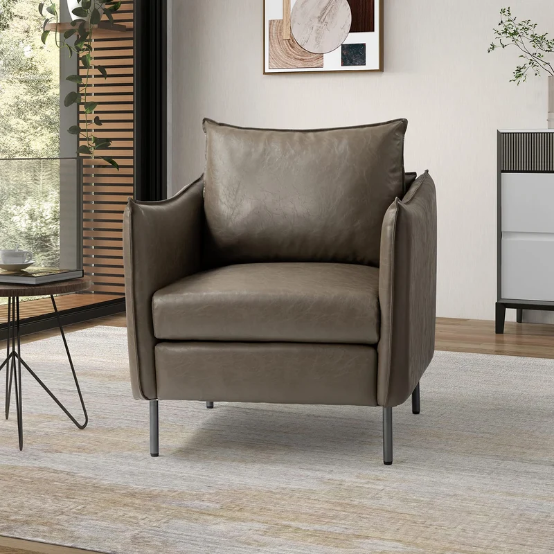 HULALA HOM Fauteuil en Cuir Fauteuil d'appoint Moderne en Similicuir Rembourré Chaises de Salon avec Coussin Mobile pour Salon Bureau Lecture Réception Client Brown