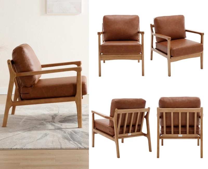 chairus Fauteuil tonneau rembourré en cuir synthétique pour salon, chaise de réception avec cadre en bois massif, chaise d'appoint pour chambre à coucher (marron)