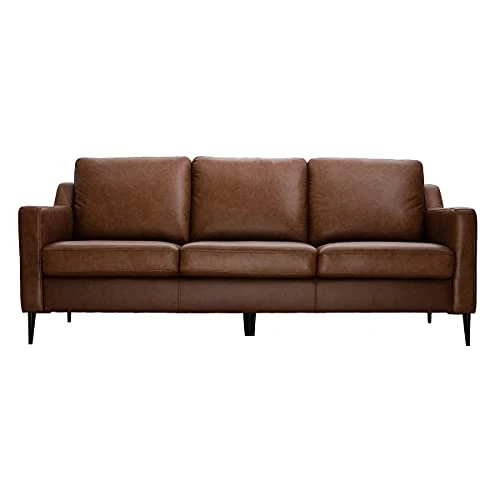 Miliboo Canapé Vintage 3 Places Cuir Marron et Bois Noir OXMO