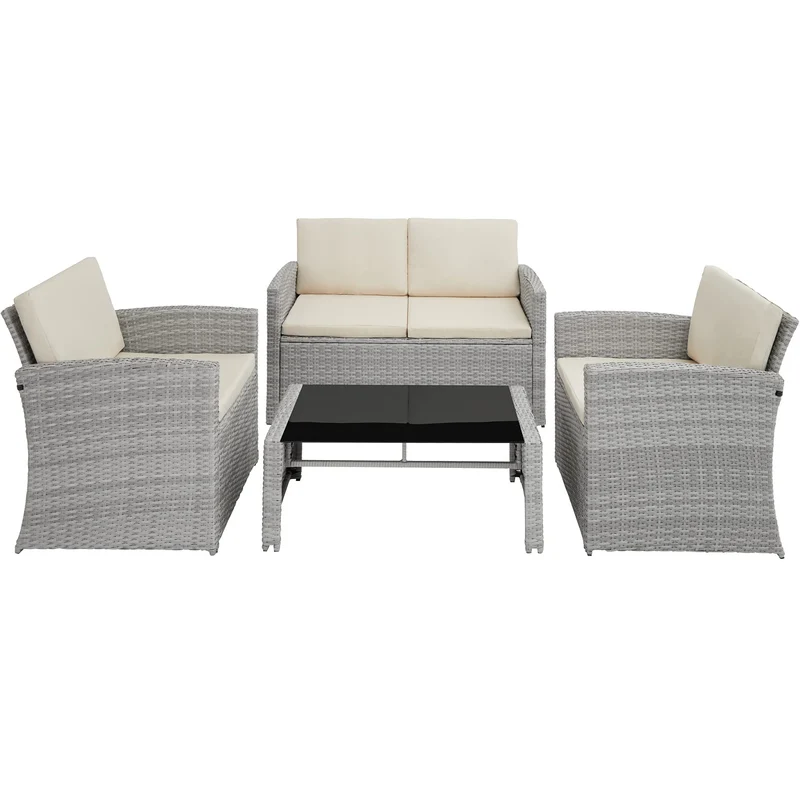 TecTake® Salon de Jardin Exterieur en Résine ressée 4 Places Table de Jardin, 1 Canapé de Jardin, 2 Fauteuil Jardin, Coussins Inclus, Mobilier de Jardin pour Amenagement Balcon - Gris Clair