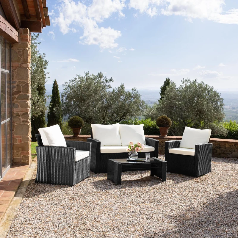 TecTake® Salon de Jardin Exterieur en Résine ressée 4 Places Table de Jardin, 1 Canapé de Jardin, 2 Fauteuil Jardin, Coussins Inclus, Mobilier de Jardin pour Amenagement Balcon - Gris Clair