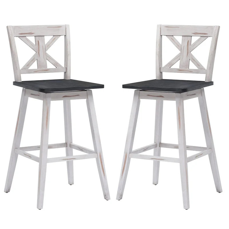 GOPLUS Lot de 2 Tabourets de Bar en Bois d'Hévéa avec Siège Rotatif 360°, Chaise de Bar avec Dossier Confortable, Repose-Pieds, Design Rétro, pour Bar/Cuisine/Café, 51X51X108CM