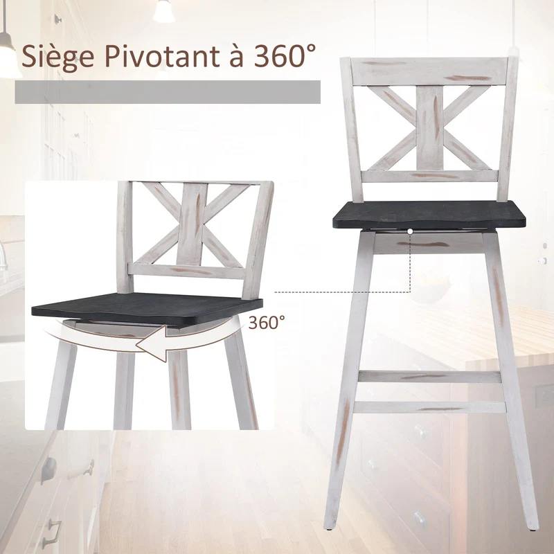 GOPLUS Lot de 2 Tabourets de Bar en Bois d'Hévéa avec Siège Rotatif 360°, Chaise de Bar avec Dossier Confortable, Repose-Pieds, Design Rétro, pour Bar/Cuisine/Café, 51X51X108CM
