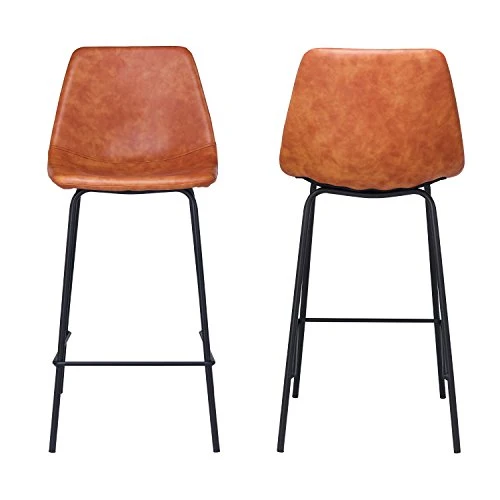 Happy Garden Lot de 2 tabourets de Bar Vintage Lucien Cognac - Hauteur d'assise 65cm, tabourets de Bar Style Retro avec Dossier et Repose-Pieds, Structure métallique