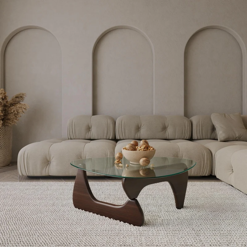 EVKA-Venux Table basse ronde, table basse pour le salon, table basse de 105 cm-75 cm-40 cm, table basse en verre trempé, table basse avec pieds en bois, noyer (châtaignier X)