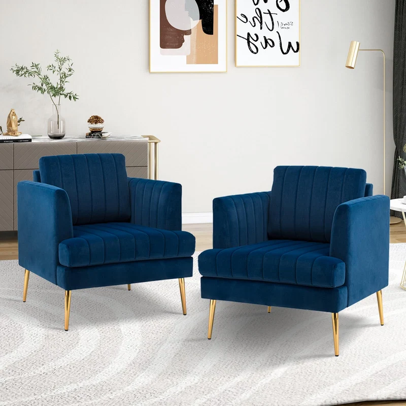 HULALA HOME Fauteuil d'appoint en Velours Fauteuil Club Moderne en Velours avec Coussin Amovible et Pieds en Métal Doré Canapé Capitonné en Velours pour Salon Club Réception Clients Bleu Marine