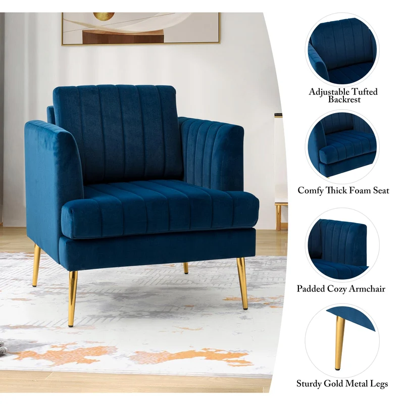 HULALA HOME Fauteuil d'appoint en Velours Fauteuil Club Moderne en Velours avec Coussin Amovible et Pieds en Métal Doré Canapé Capitonné en Velours pour Salon Club Réception Clients Bleu Marine