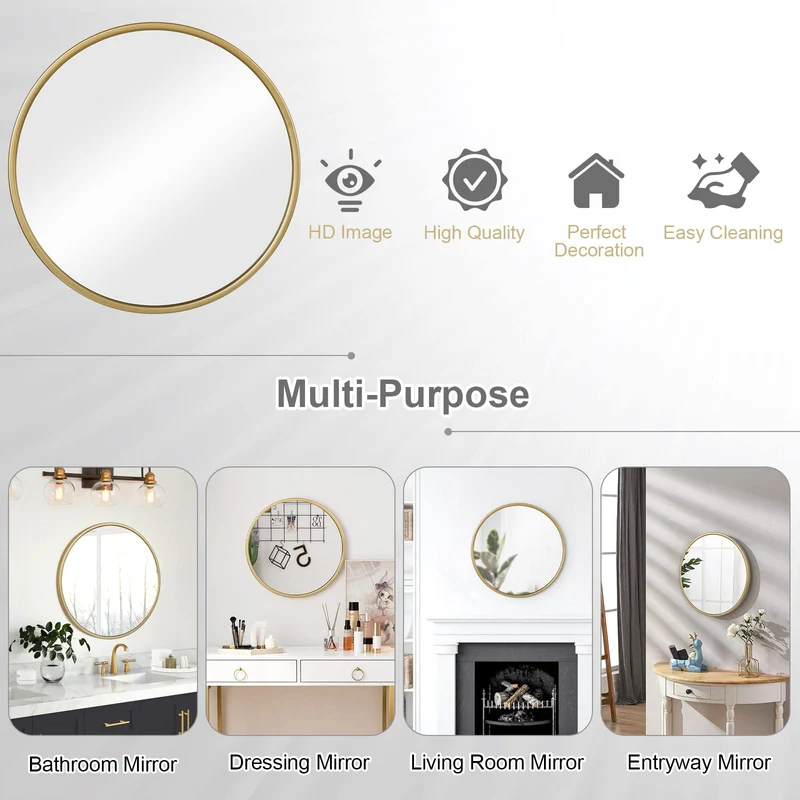 WOLTU Miroir Maquillage Mural Ø60cm, Doré, Rond avec Cadre en Métal, Décoratif, Moderne, Suspendu pour Salle de Bain, Chambre, Salon, Couloir