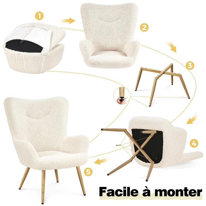 Yaheetech Fauteuil de Salon en Tissu Bouclette avec Pieds en Bois Chaise de Relaxation Fauteuil Pliable à Haut Dossier Enveloppant Ivoire
