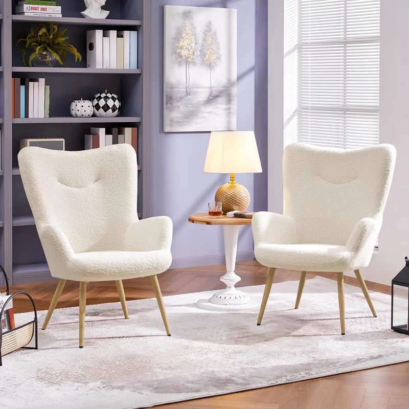Yaheetech Fauteuil de Salon en Tissu Bouclette avec Pieds en Bois Chaise de Relaxation Fauteuil Pliable à Haut Dossier Enveloppant Ivoire