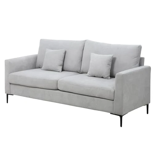 HOMCOM Canapé 3 Places Grand Confort - Rembourrage épais en Mousse Haute densité 25D - 2 Coussins - Piètement en métal Noir Tissu Aspect Lin Gris Clair