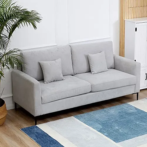 HOMCOM Canapé 3 Places Grand Confort - Rembourrage épais en Mousse Haute densité 25D - 2 Coussins - Piètement en métal Noir Tissu Aspect Lin Gris Clair