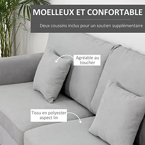 HOMCOM Canapé 3 Places Grand Confort - Rembourrage épais en Mousse Haute densité 25D - 2 Coussins - Piètement en métal Noir Tissu Aspect Lin Gris Clair