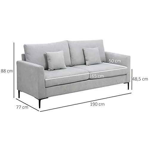 HOMCOM Canapé 3 Places Grand Confort - Rembourrage épais en Mousse Haute densité 25D - 2 Coussins - Piètement en métal Noir Tissu Aspect Lin Gris Clair