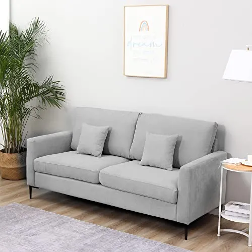 HOMCOM Canapé 3 Places Grand Confort - Rembourrage épais en Mousse Haute densité 25D - 2 Coussins - Piètement en métal Noir Tissu Aspect Lin Gris Clair