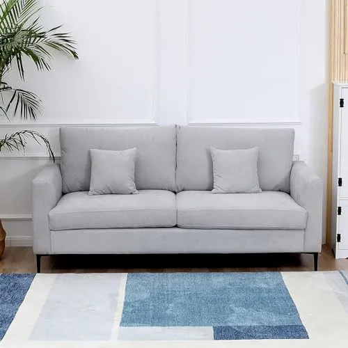 HOMCOM Canapé 3 Places Grand Confort - Rembourrage épais en Mousse Haute densité 25D - 2 Coussins - Piètement en métal Noir Tissu Aspect Lin Gris Clair