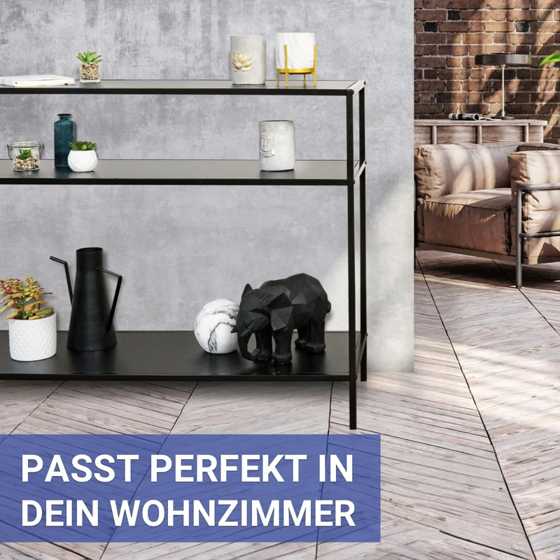 WENKO Console Meuble Style Industriel | Petite Console étroite | Meuble entrée - Bureau d'appoint | 3 Plateaux de Rangement | Métal - MDF | L100xH80xL35 cm | Noir