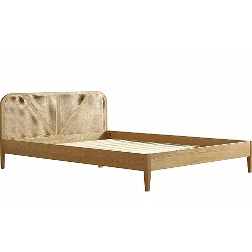 HOMIFAB Lit Adulte 160x200 cm en placage chêne avec tête de lit en Bois Massif et cannage Naturel - Leonie