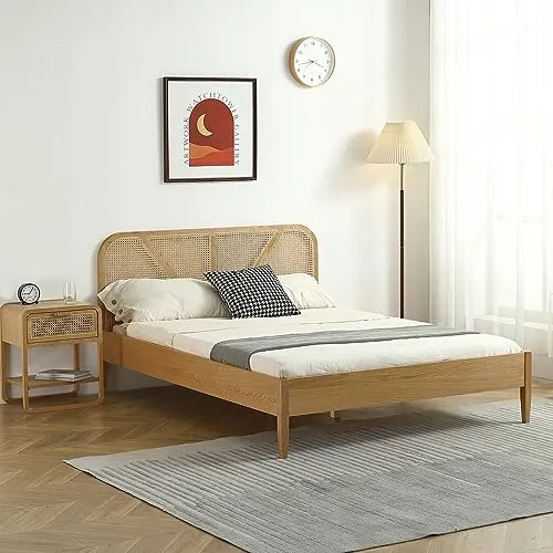 HOMIFAB Lit Adulte 160x200 cm en placage chêne avec tête de lit en Bois Massif et cannage Naturel - Leonie