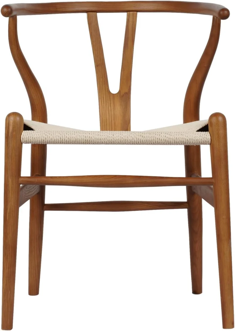 Tomile Hans Wegner Chaise de salle à manger moderne en bois, en forme de Y, avec siège et accoudoirs en chanvre massif, pour salle à manger et salon, couleur bois d'ash, couleur noyer
