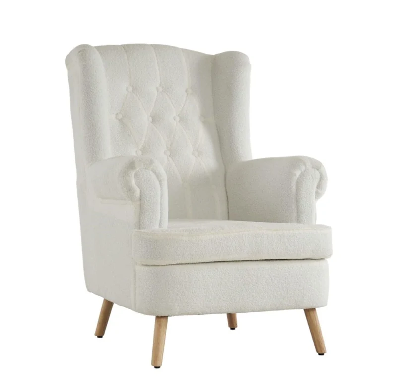 VOLERO' Fauteuil Design rétro, modèle Artemide, revêtement en Velours, Structure et Pieds en Bois (Blanc Blouclè)