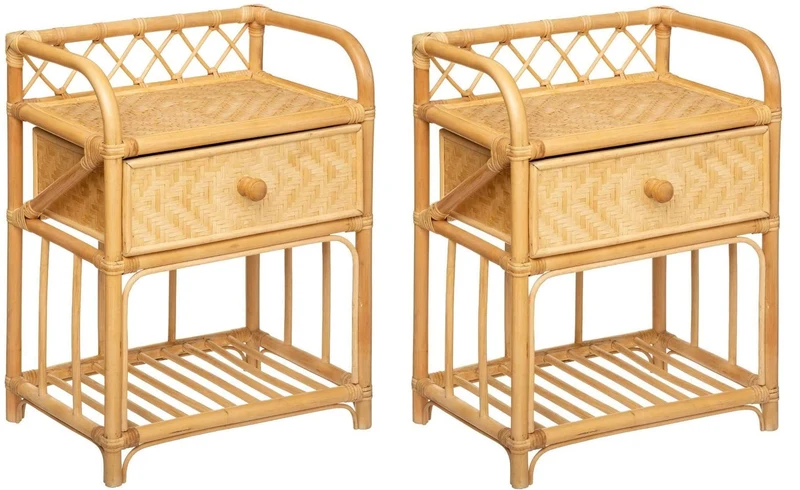 Lot De 2 Tables De Chevet en Rotin Et Bambou - 1 Tiroir - H 60 Cm