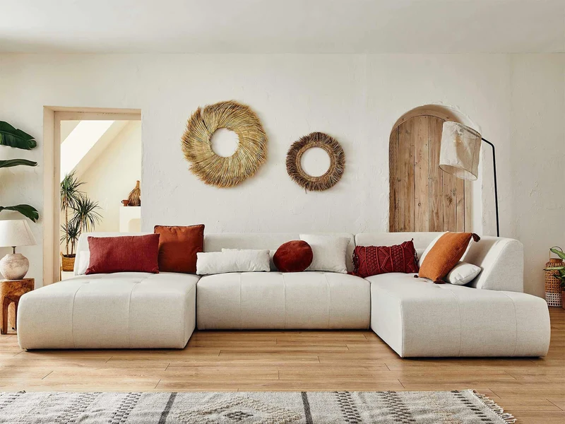 Lisa Design - Onyx - canapé panoramique d'angle Droit 7 Places - en Tissu - Beige