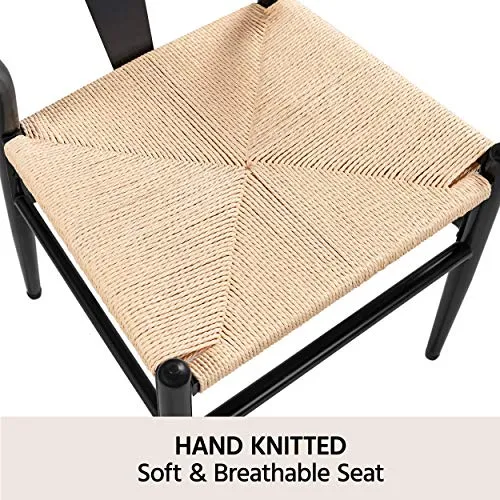 Yaheetech Lot de 2 Chaises de Salle à Manger Corde de Papier Cadre en Métal Ensemble de Chaises en Corde Intérieur Dossier Demi-Circulaire Cuisine Salon 54,5 × 57 × 73,5 cm Noir et Bois