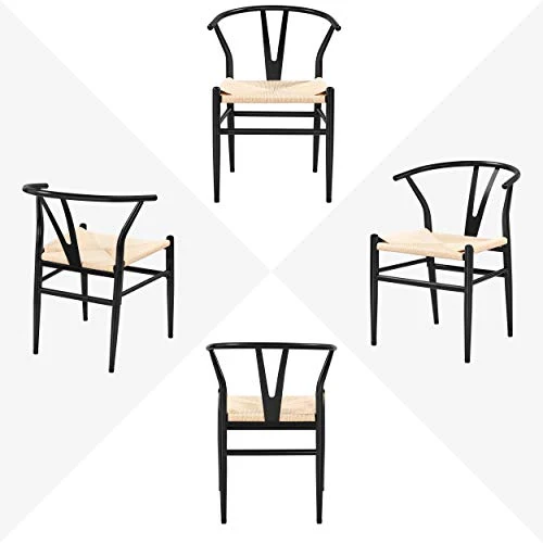 Yaheetech Lot de 2 Chaises de Salle à Manger Corde de Papier Cadre en Métal Ensemble de Chaises en Corde Intérieur Dossier Demi-Circulaire Cuisine Salon 54,5 × 57 × 73,5 cm Noir et Bois