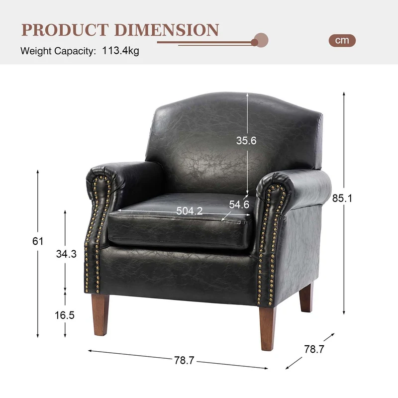 HULALA HOM Chaise d'appoint en Similicuir avec Pieds en Bois rétro Fauteuil rembourré Confortable avec Garniture de tête de Clou Chaise de canapé Simple pour Salon Chambre à Coucher Noir