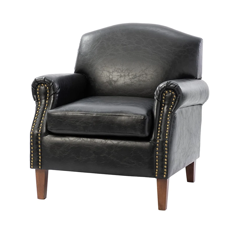 HULALA HOM Chaise d'appoint en Similicuir avec Pieds en Bois rétro Fauteuil rembourré Confortable avec Garniture de tête de Clou Chaise de canapé Simple pour Salon Chambre à Coucher Noir