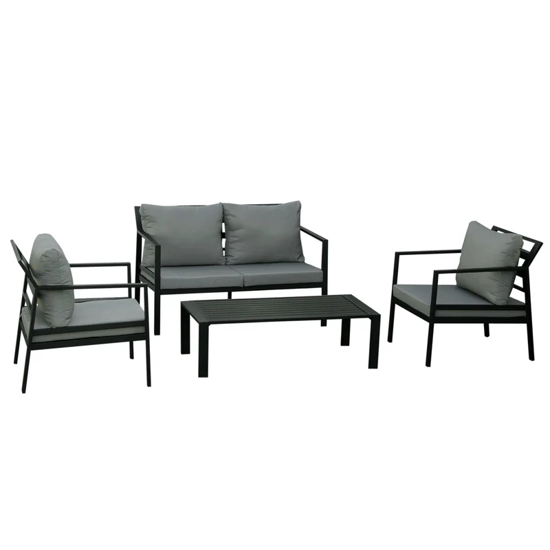 Outsunny Ensemble Salon de Jardin 4 pièces canapé 2 Places + 2 fauteuils + Table Basse Plateau à Lattes 8 Coussins Rembourrage épais déhoussables Aluminium Gris Noir