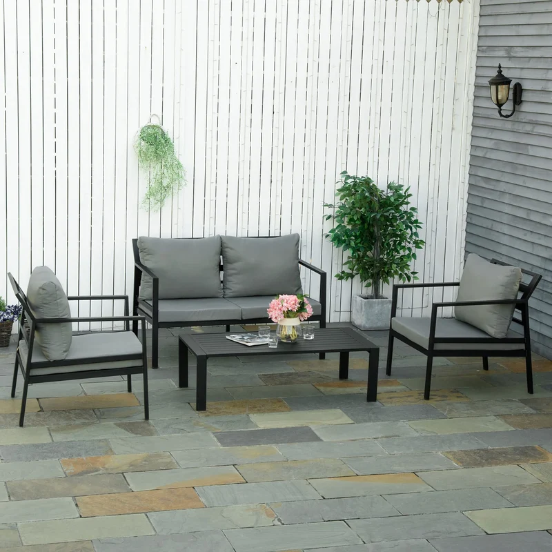 Outsunny Ensemble Salon de Jardin 4 pièces canapé 2 Places + 2 fauteuils + Table Basse Plateau à Lattes 8 Coussins Rembourrage épais déhoussables Aluminium Gris Noir