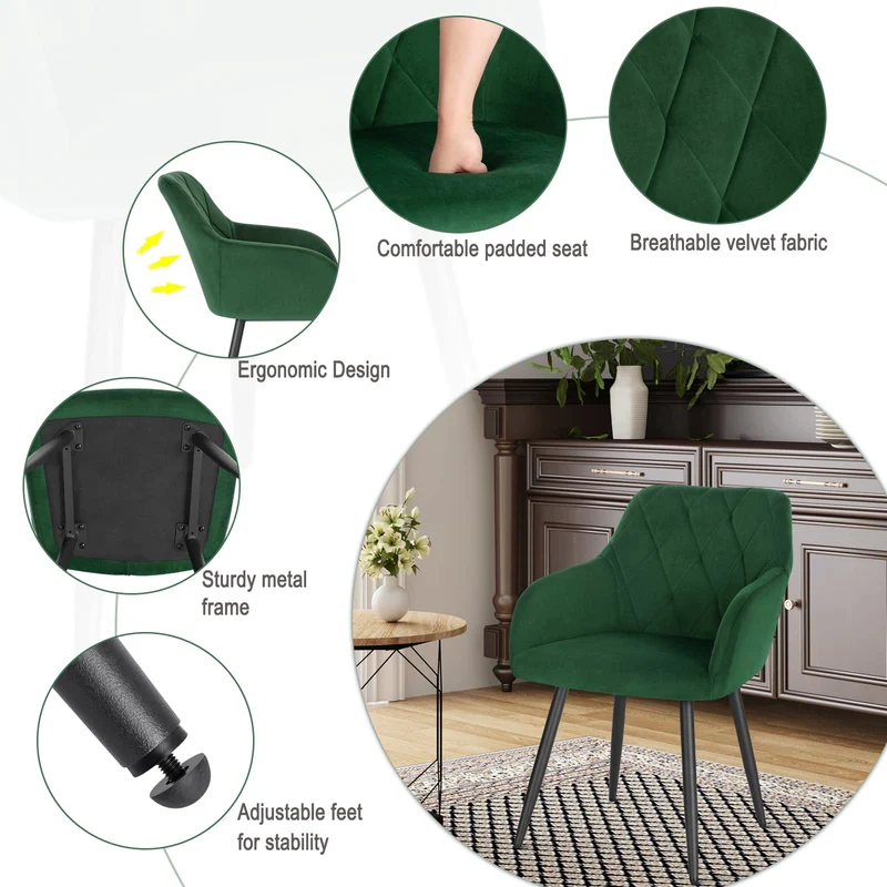 WOLTU Chaise Salle à Manger, Fauteuil Salon, Chaise Scandinave, Chaise de Cuisine en Velours, Assis Rembourré avec Accoudoirs et Dossier, Pieds en Métal, Vert Foncé, BH352dgn-1